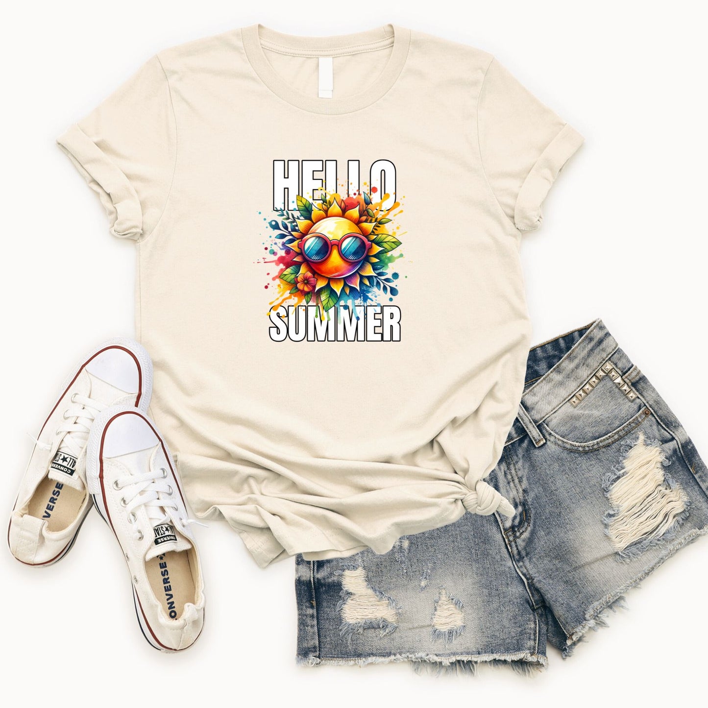 Hello SummerT -Shirt flat lay in soft cream