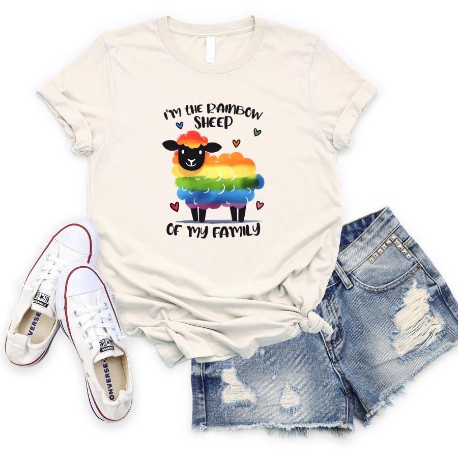 I'm the rainbow sheep of the family t-shirt flat lay in soft cream