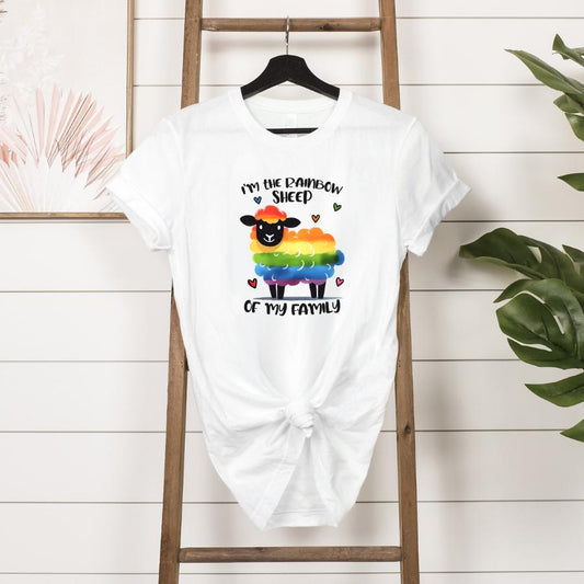 White T-shirt with colorful rainbow sheep graphic and text "I'm the Rainbow Sheep of My Family"
