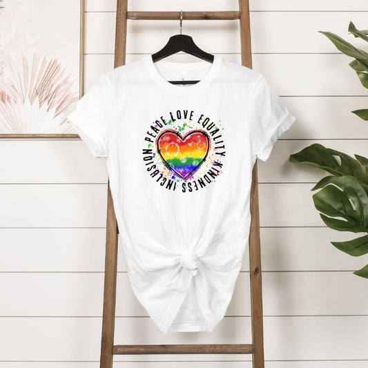 Peace, Love, Equality T-shirt Hanging in White