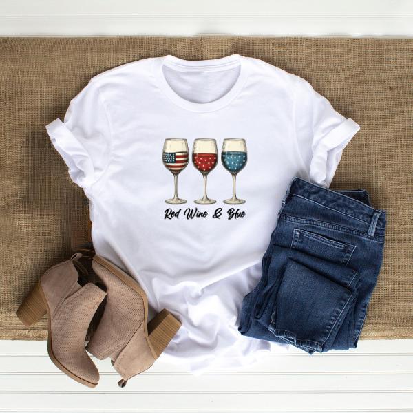 Red Wine and Blue T-Shirt in White Flat Lay