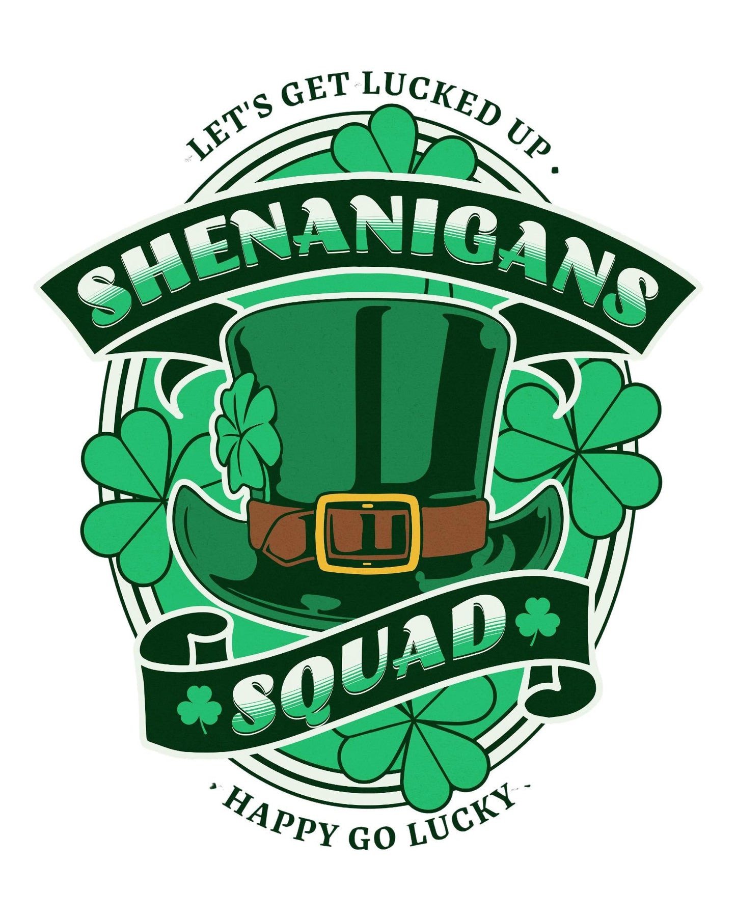 Green Shenanigans Squad T-Shirt design featuring a leprechaun hat and shamrocks for St. Patrick's Day celebration