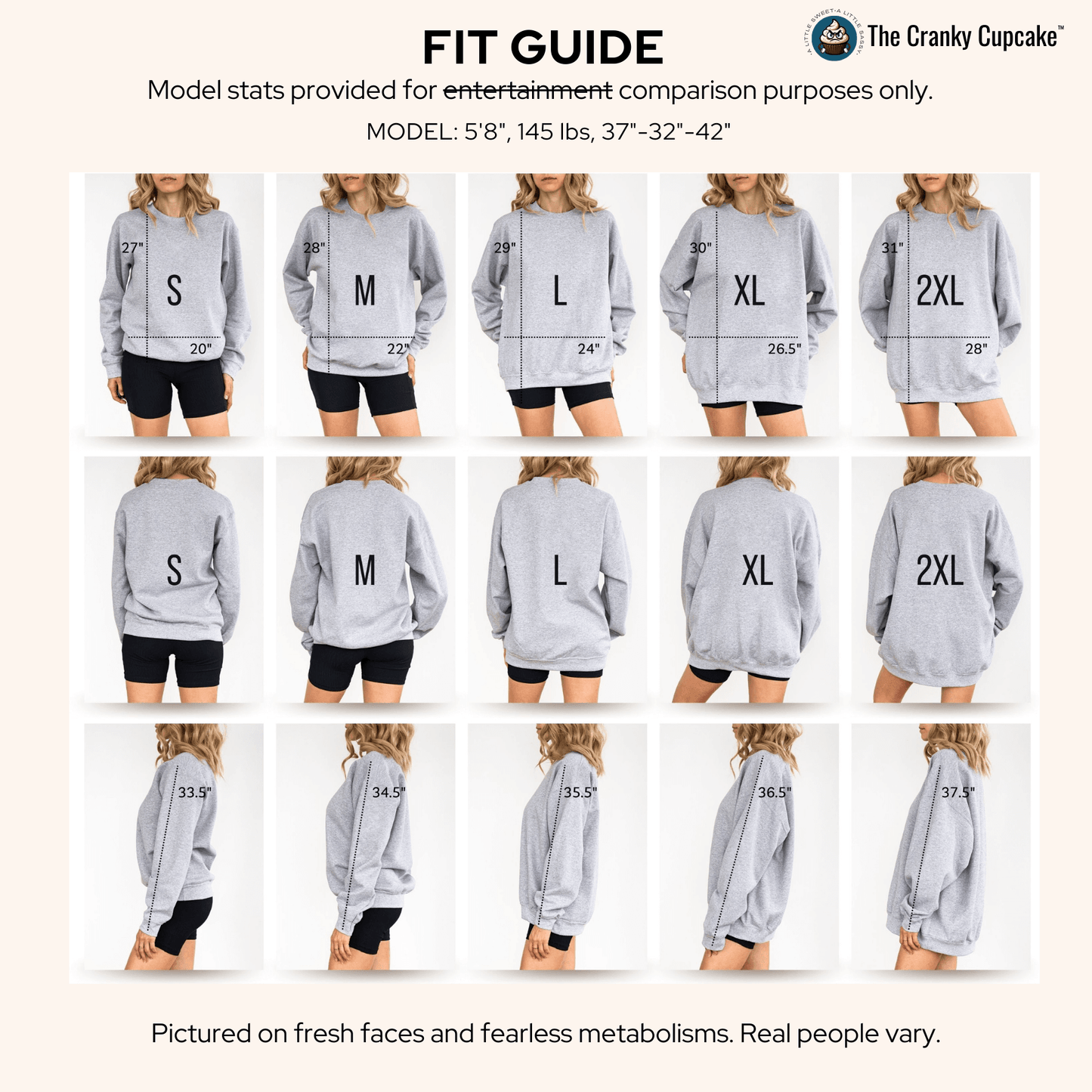 Gray Energy Saving Mode sweatshirt shown in various sizes from small to 2XL on model with front, back, and side views