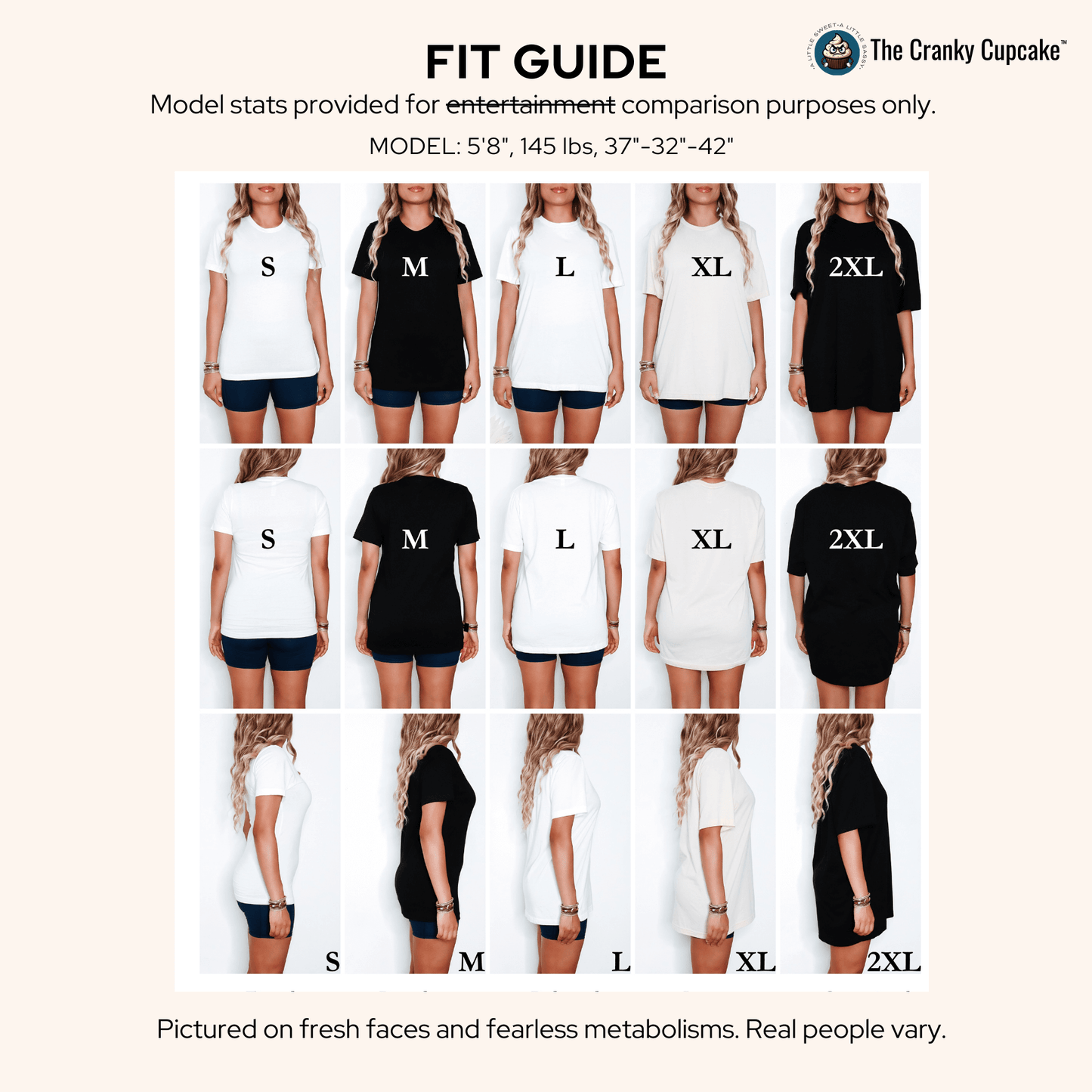 fit guide for My Spirit Animal Is a Grumpy Flamingo T-Shirt showing front, back, and side views in sizes S to 2XL on female models