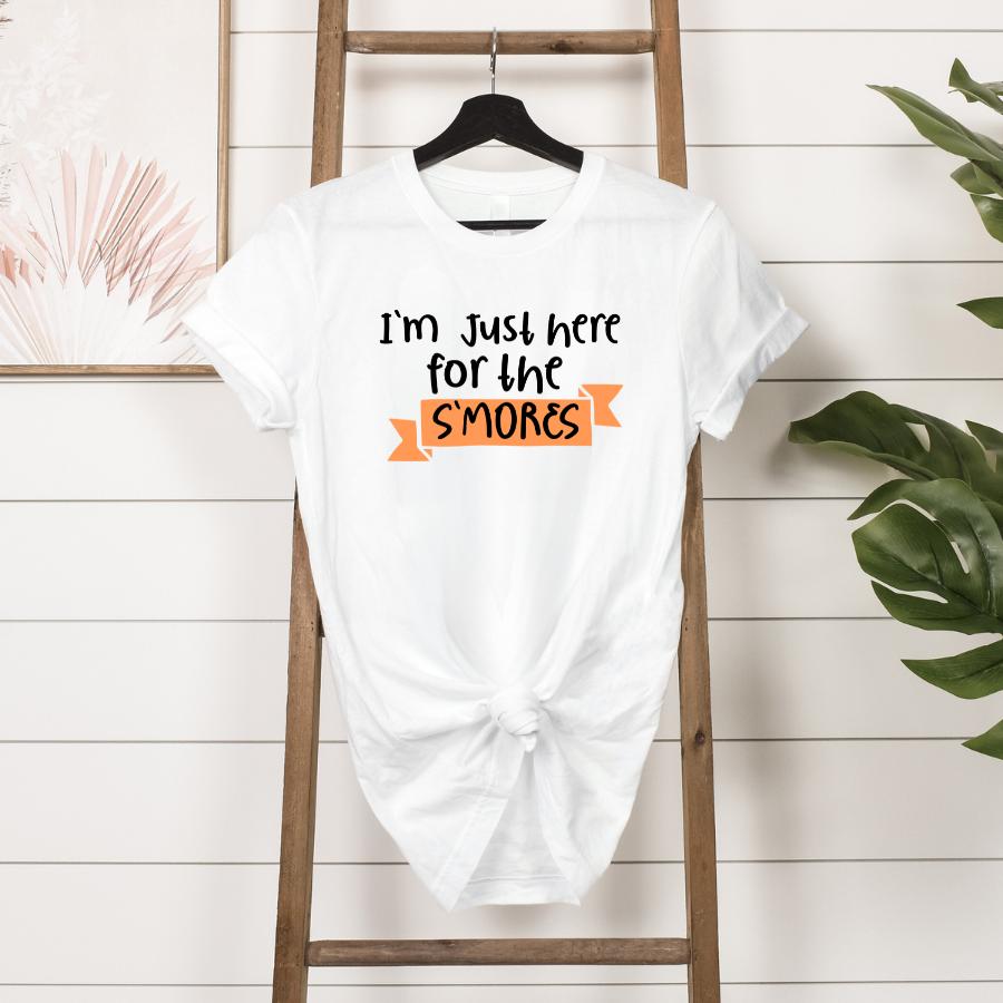 I'm Just Here for the S'mores T-shirt Hanging in White
