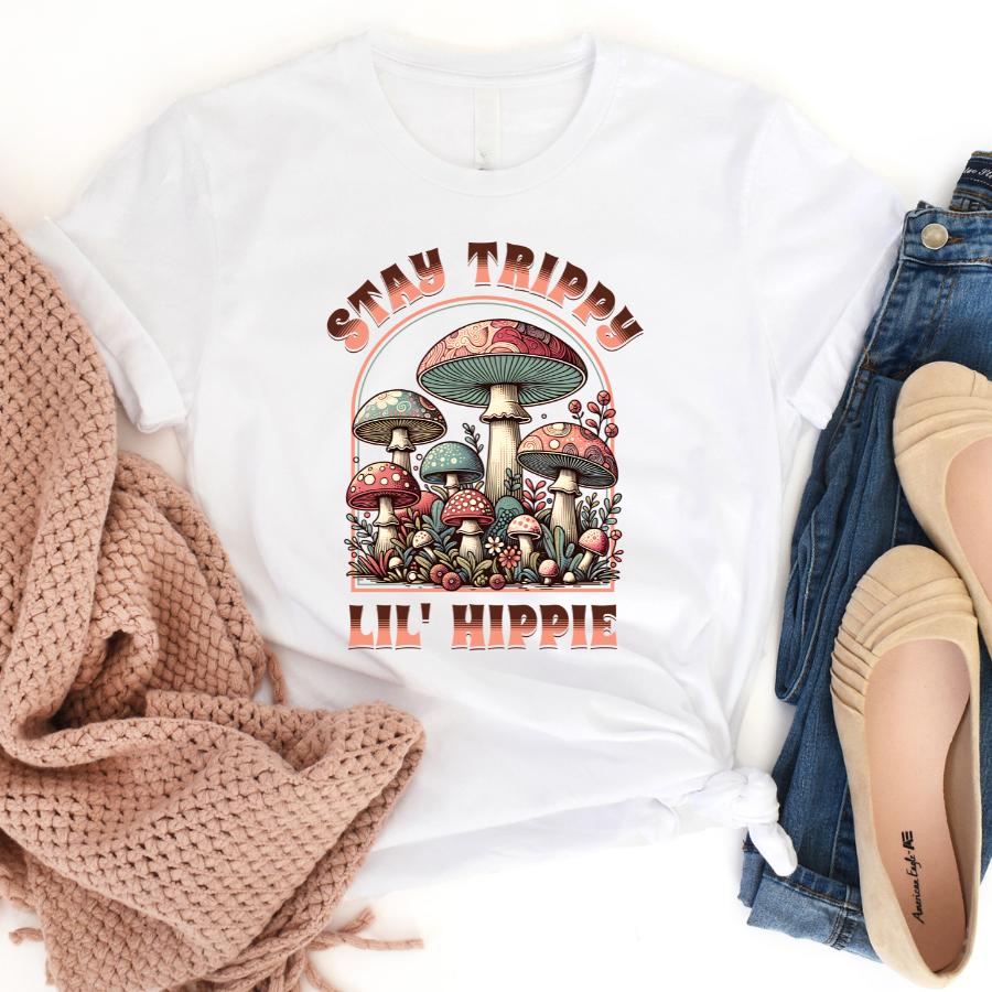 T-shirt - Stay Trippy Lil' Hippy - Flat lay in white