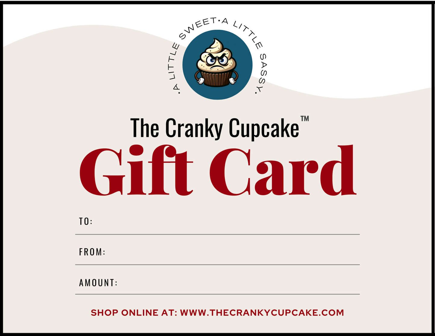 Cranky Cupcake gift card with space for recipient, sender, and amount details, featuring the brand logo and slogan.