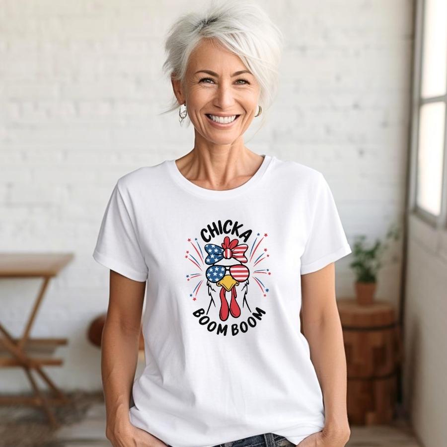 A Women Wearing the Chicka Boom Boom T-Shirt in White 