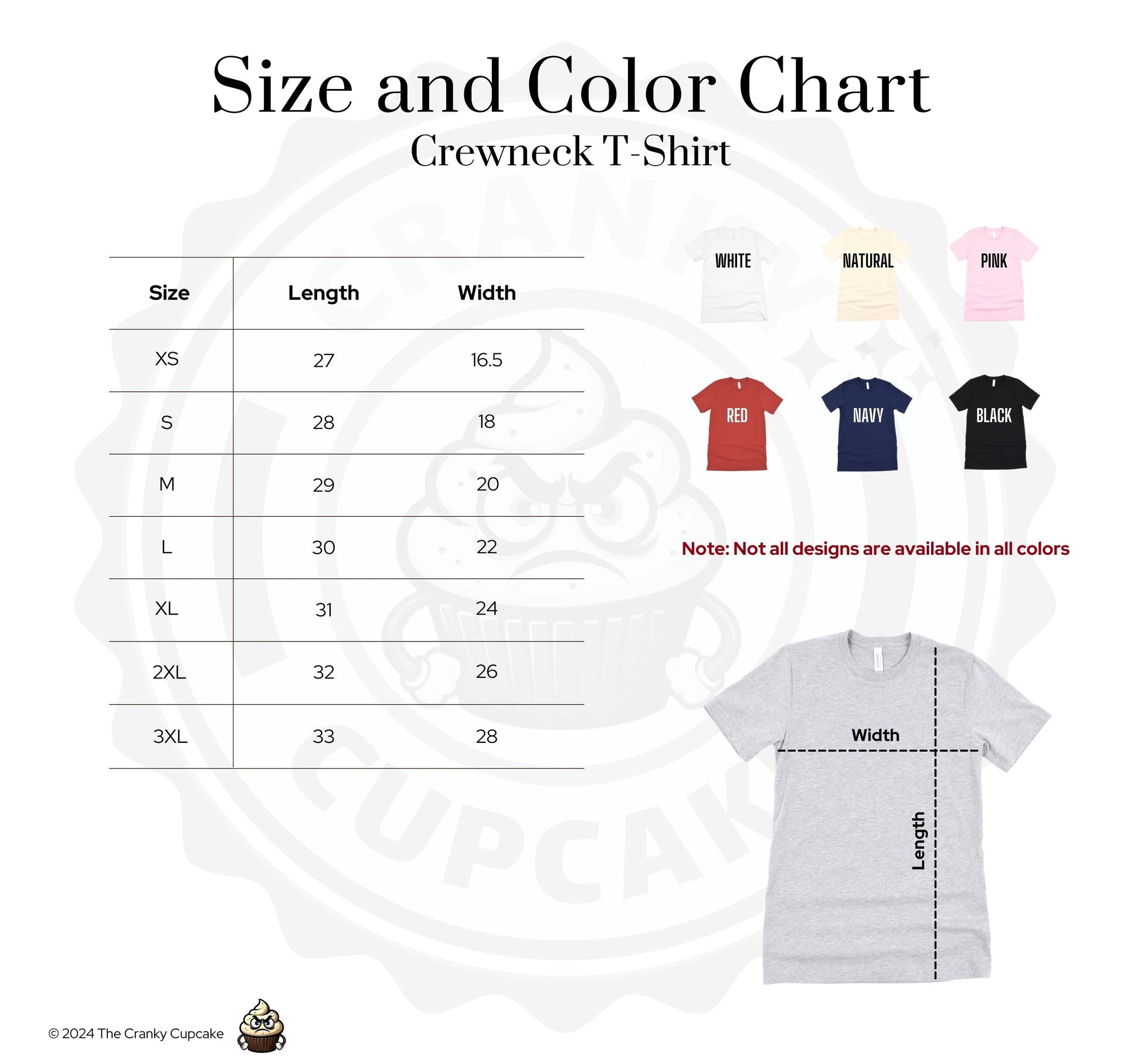 The Cranky Cupcake Size and Color Chart