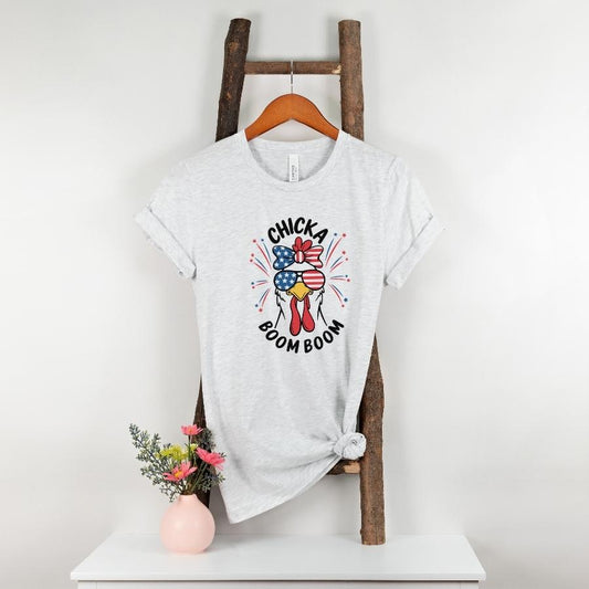 A Women Wearing the Chicka Boom Boom T-Shirt in Ash 