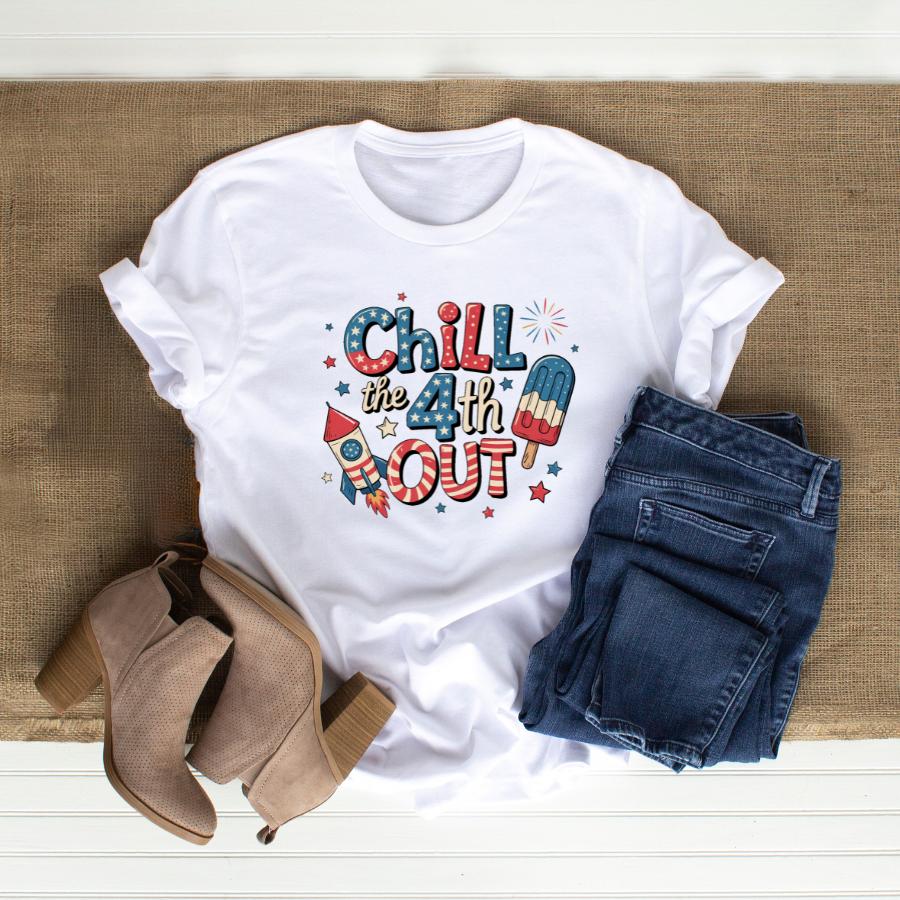 Chill the 4th Out T-Shirt Flat Lay In White 