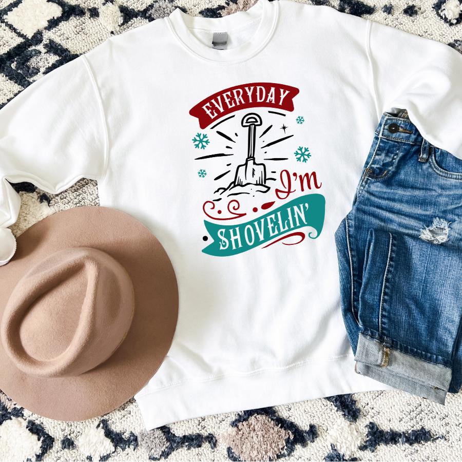 Everyday I'm Shovelin' Sweatshirt Flat Lay in White 
