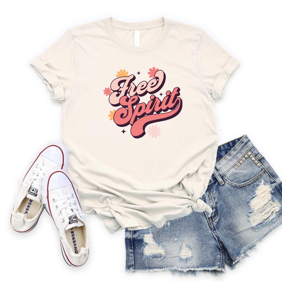 Free Spirit T-Shirt in Soft Cream with Pink Writing Laying Flat