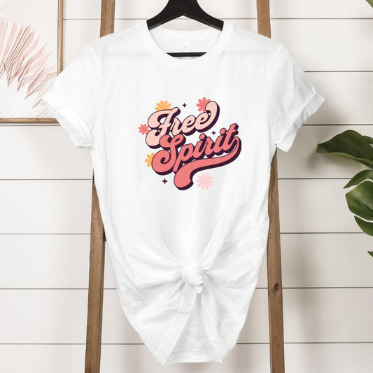 Free Spirit T-Shirt in White with Pink Writing Hanging