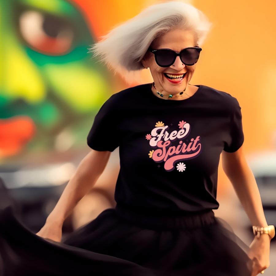 Free Spirit T-Shirt in black with Pink Writing on a Model 
