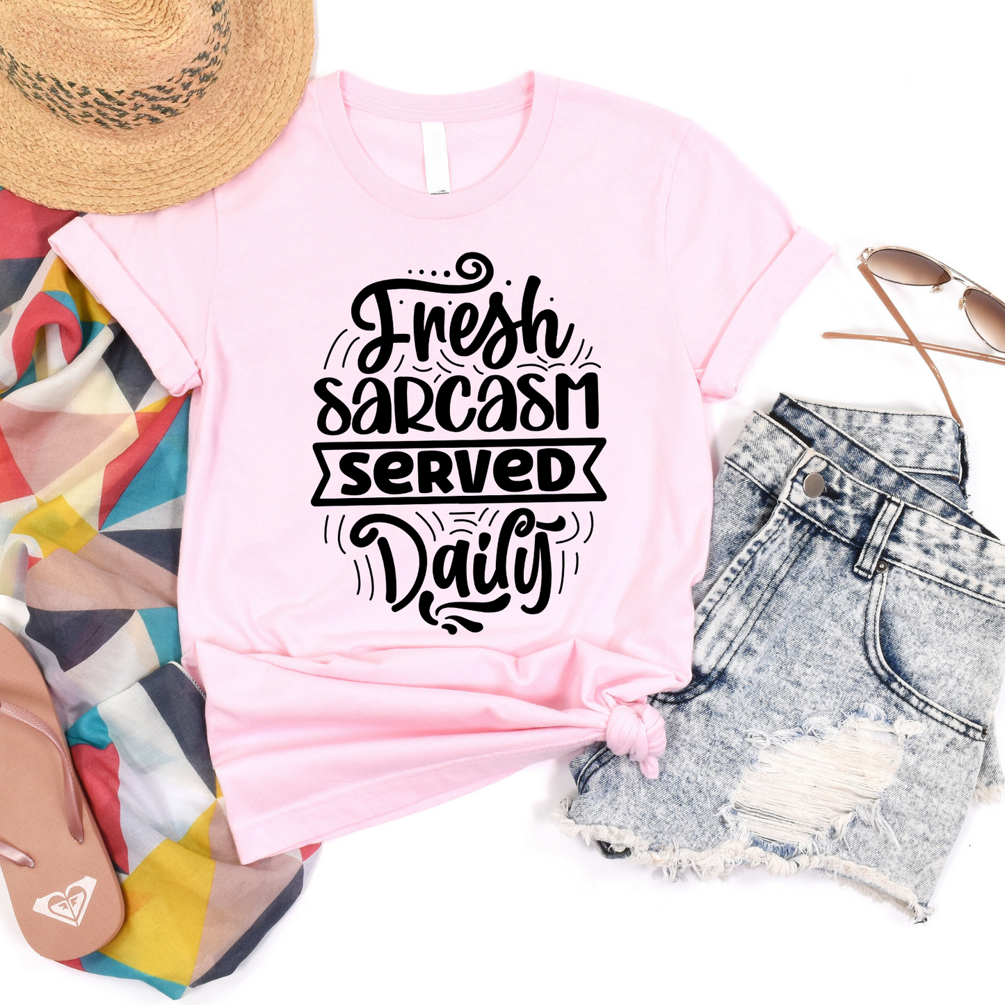 Fresh Sarcasm Served Daily T-Shirt Flat lay in pink
