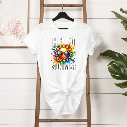 HelloSummerT-Shirt hanging in white 