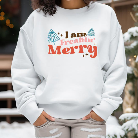 I am Freakin' Merry Sweatshirt Model in White 