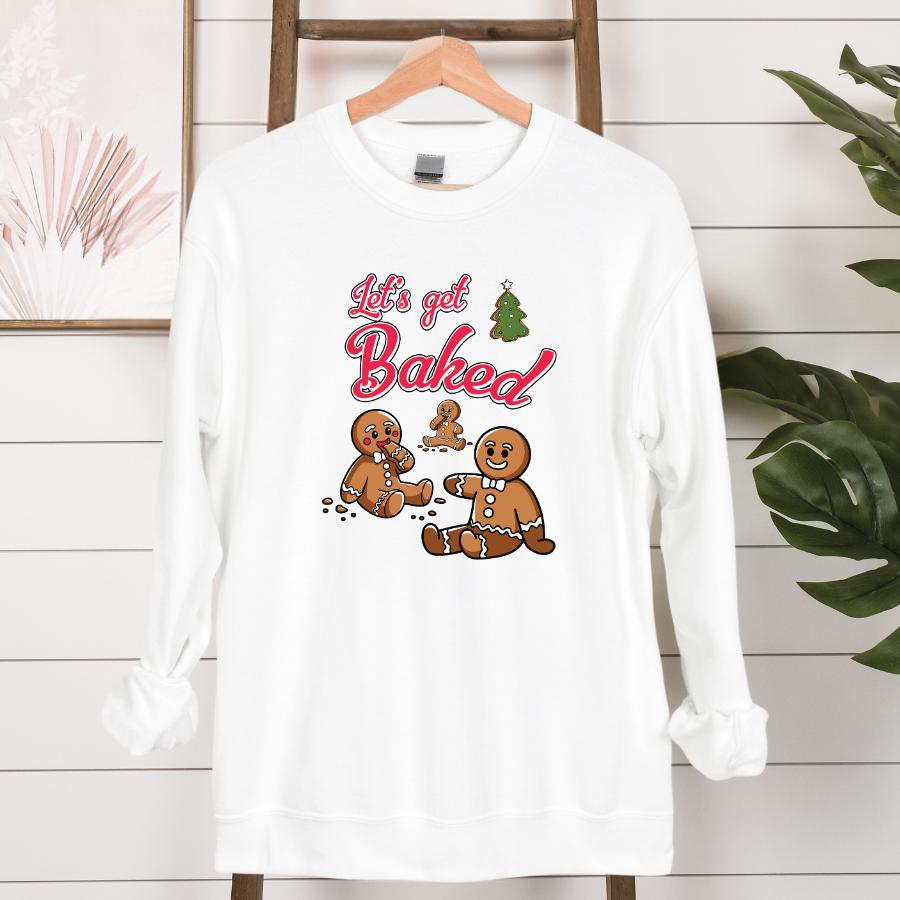 Let's Get Baked Sweatshirt Hanging in White 