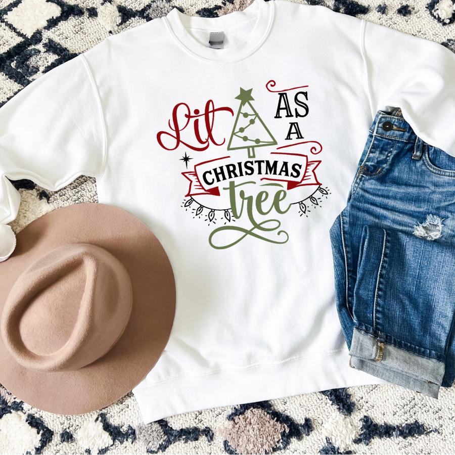 Lit as a Christmas Tree Sweatshirt Flat Lay in White 