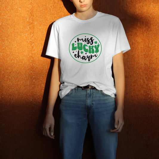 Unisex model wearing white t-shirt with Miss Lucky Charm graphic