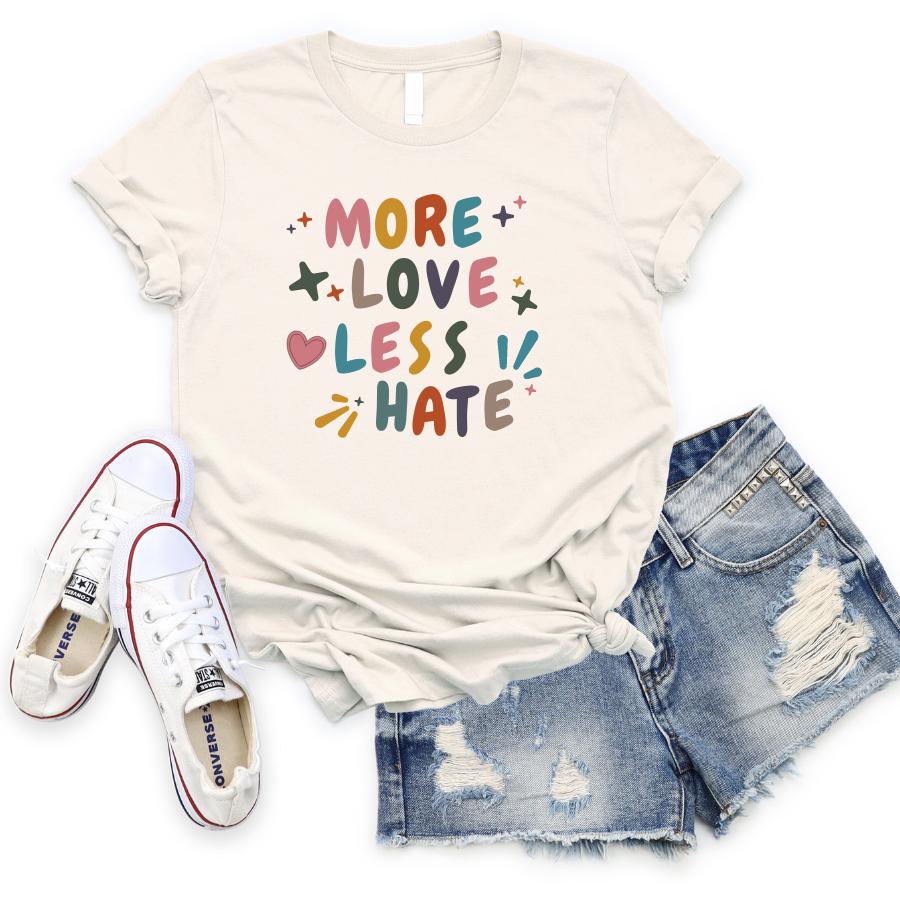 More love less hate T-shirt flat lay in natural color 