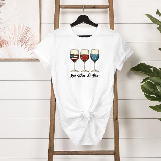Red Wine and Blue Fourth of July T-Shirt hanging in white  