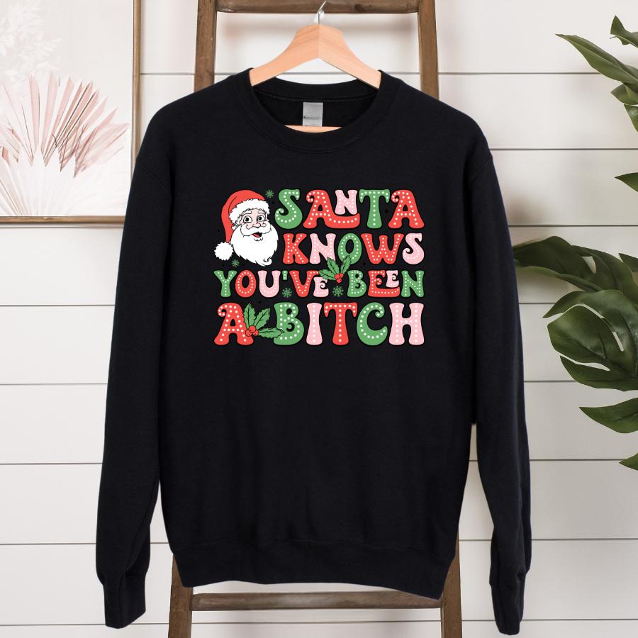 Santa Knows You've Been a Bitch Sweatshirt Hanging in Black 