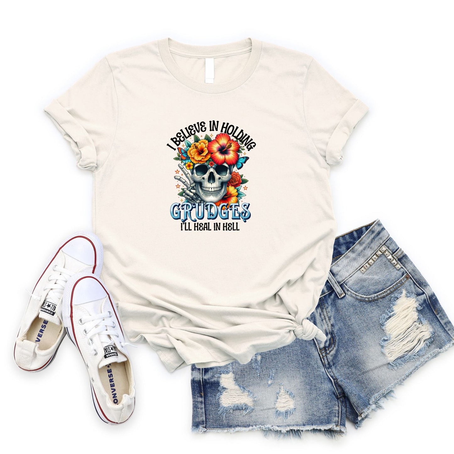 I Believe in Holding Grudges T-shirt Flat Lay in Soft Cream 