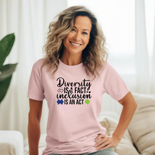 T-shirt_-_Diversity_is_a_fact_-_Black_text_Model wearing pink 