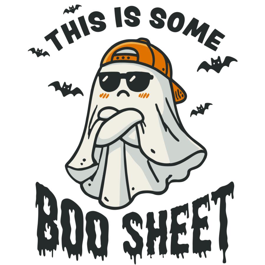 This Is Some Boo Sheet T-Shirt featuring a cool ghost wearing sunglasses and a cap with bats flying around and spooky text design