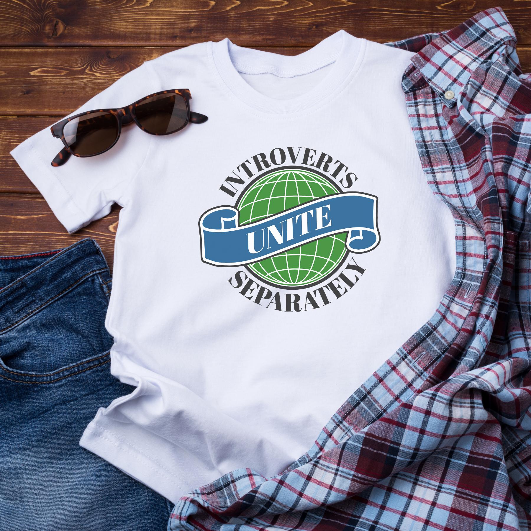 Tshirt- introverts unite separately flat lay in white 